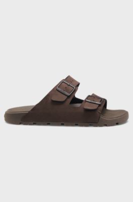 Twin-strap slides with branded buckles, Dark Brown