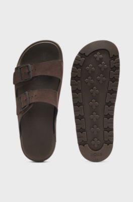Twin-strap slides with branded buckles, Dark Brown