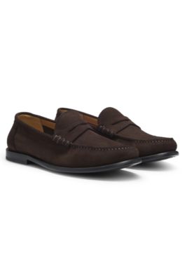 Suede moccasins with penny trim and embossed logo, Dark Brown