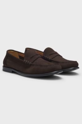 Suede moccasins with penny trim and embossed logo, Dark Brown