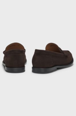 Suede moccasins with penny trim and embossed logo, Dark Brown
