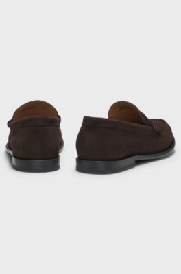 Suede moccasins with penny trim and embossed logo, Dark Brown