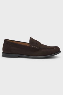 Suede moccasins with penny trim and embossed logo, Dark Brown