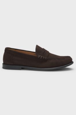 Suede moccasins with penny trim and embossed logo, Dark Brown