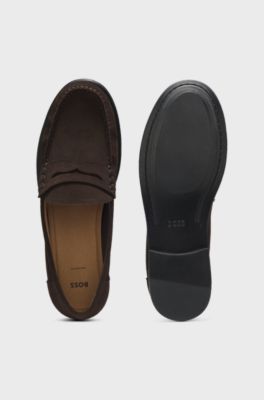 Suede moccasins with penny trim and embossed logo, Dark Brown
