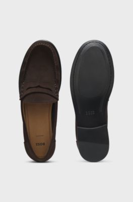 Suede moccasins with penny trim and embossed logo, Dark Brown