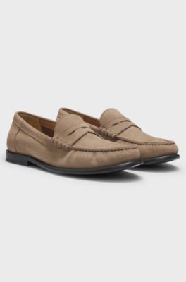Suede moccasins with penny trim and embossed logo, Beige