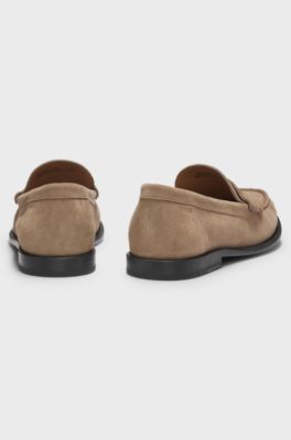 Suede moccasins with penny trim and embossed logo, Beige