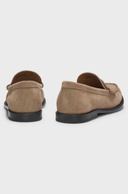 Suede moccasins with penny trim and embossed logo, Beige