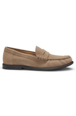 Suede moccasins with penny trim and embossed logo, Beige