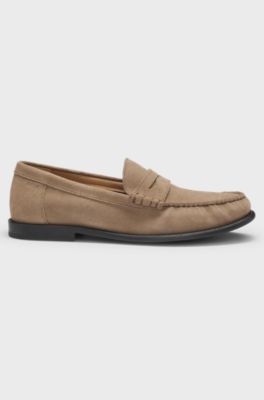 Suede moccasins with penny trim and embossed logo, Beige