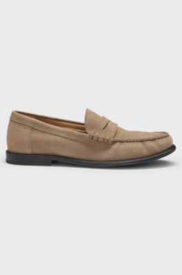 Suede moccasins with penny trim and embossed logo, Beige