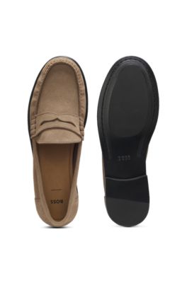 Suede moccasins with penny trim and embossed logo, Beige