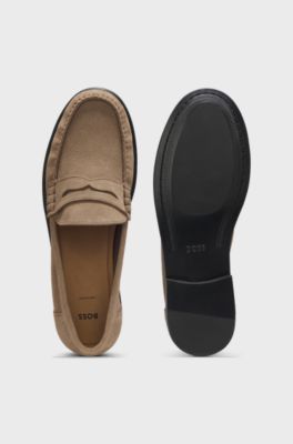 Suede moccasins with penny trim and embossed logo, Beige