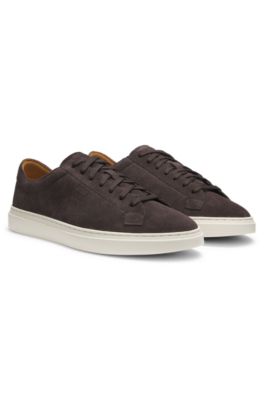 Suede trainers with embossed logo, Dark Brown