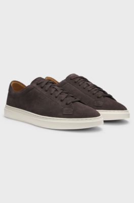 Suede trainers with embossed logo, Dark Brown
