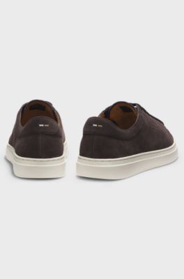Suede trainers with embossed logo, Dark Brown