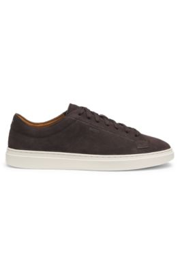 Suede trainers with embossed logo, Dark Brown