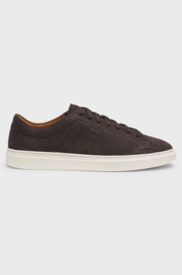 Suede trainers with embossed logo, Dark Brown