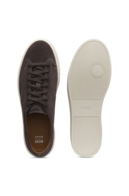 Suede trainers with embossed logo, Dark Brown