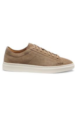 Suede trainers with embossed logo, Beige