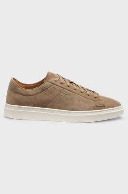 Baskets en cuir su&eacute;d&eacute; avec logo en relief, Beige