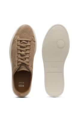 Suede trainers with embossed logo, Beige