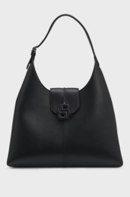 Genarbte Hobo Bag mit Double-B-Monogramm, Schwarz