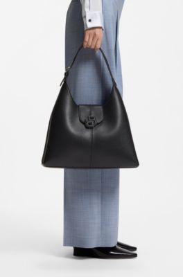 Borsa hobo con monogramma Double B e finitura granulata, Nero