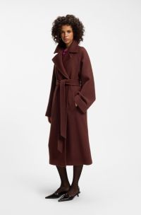 Manteau en laine m&eacute;lang&eacute;e avec ceinture, Marron