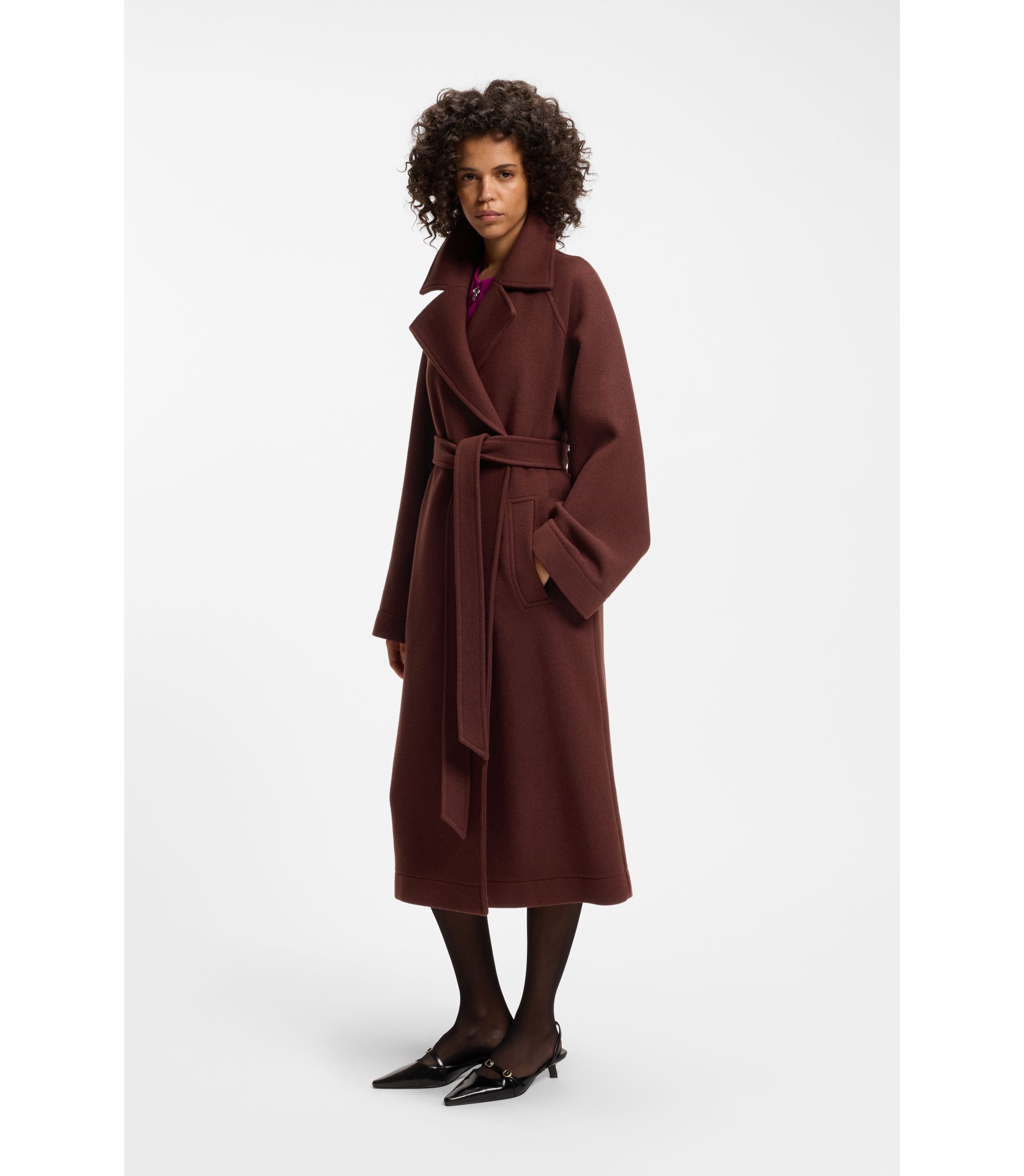 HUGO - Belted coat in a wool blend - Brown