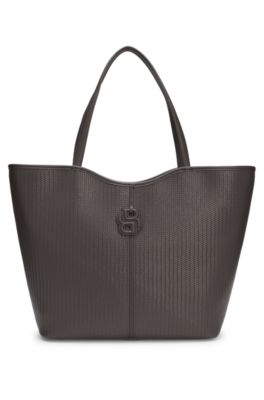 Embossed faux leather tote bag with logo, Dark Brown