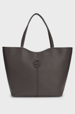 Textured faux-leather tote bag with Double B monogram, Dark Brown