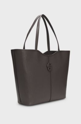 Textured faux-leather tote bag with Double B monogram, Dark Brown