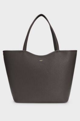 Embossed faux leather tote bag with logo, Dark Brown