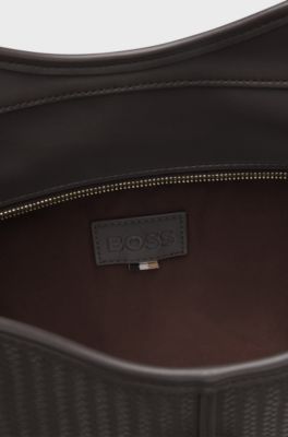 Textured faux-leather tote bag with Double B monogram, Dark Brown