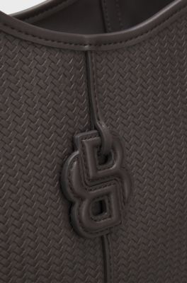 Textured faux-leather tote bag with Double B monogram, Dark Brown