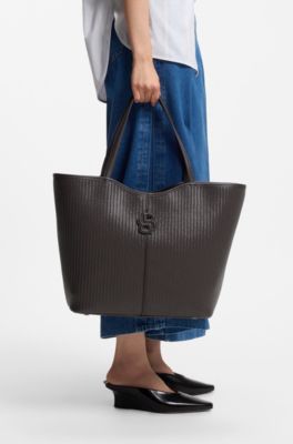 Textured faux-leather tote bag with Double B monogram, Dark Brown