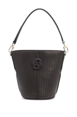 Woven-effect bucket bag with Double B monogram, Dark Brown