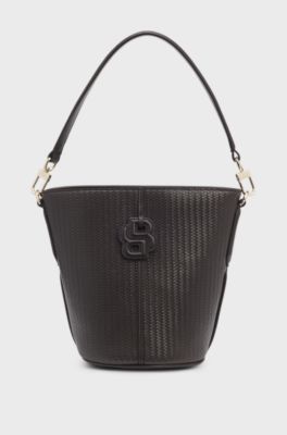 Woven-effect bucket bag with Double B monogram, Dark Brown