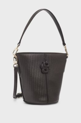 Woven-effect bucket bag with Double B monogram, Dark Brown