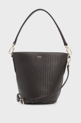 Woven-effect bucket bag with Double B monogram, Dark Brown