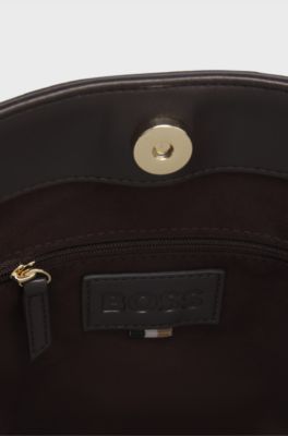 Woven-effect bucket bag with Double B monogram, Dark Brown