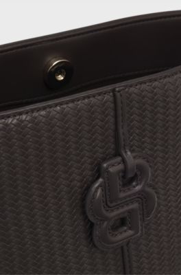 Woven-effect bucket bag with Double B monogram, Dark Brown