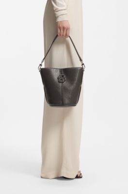 Woven-effect bucket bag with Double B monogram, Dark Brown