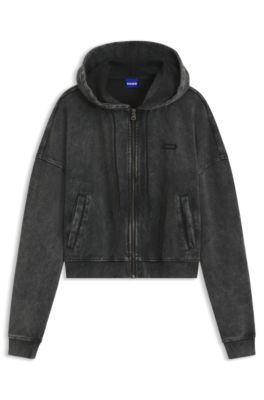 Relaxed-fit cropped hoodie with washed box logo, Black