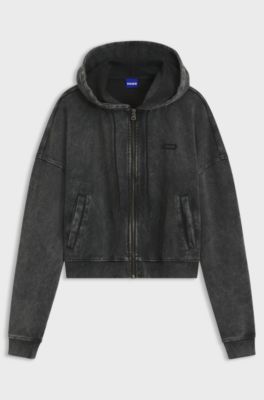 Felpa con cappuccio relaxed fit corta con logo in riquadro dall&rsquo;effetto delav&eacute;, Nero