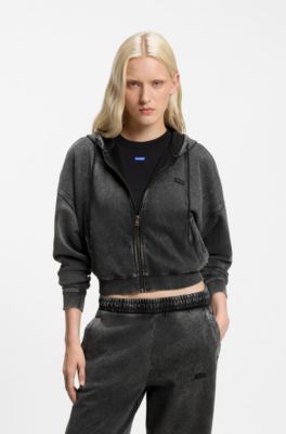 Relaxed-fit cropped hoodie with washed box logo, Black