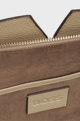 BOSS REVERS small leather tote bag with belt detail, Light Beige