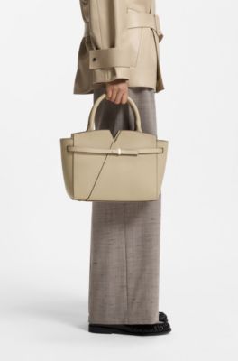 BOSS Revers small leather tote bag with belt detail, Light Beige